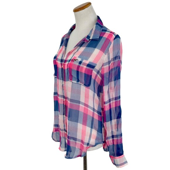 Hollister 2016 Pink & Blue Sheer Plaid Button-Up & Roll Cuffs Casual Relaxed Top - Picture 5 of 13